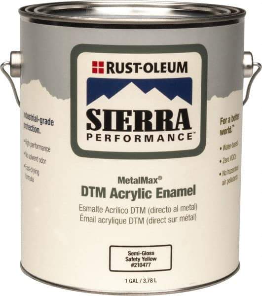 Rust-Oleum - 1 Gal Safety Yellow Semi Gloss Finish Acrylic Enamel Paint - Interior/Exterior, Direct to Metal, <0 gL VOC Compliance - Exact Tool & Supply
