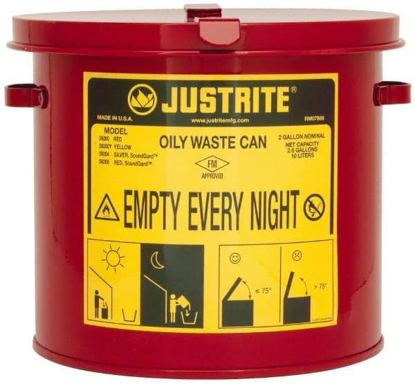 Justrite - 2 Gallon Capacity, Galvanized Steel Oily Waste Can - 9-5/8 Inch Wide/Diameter x 9-1/8 Inch High, Red, Hand Operated, Approved FM - Exact Tool & Supply