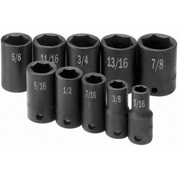 SK - 3/8" Drive Semi-Deep Impact Socket Set - 5/16 to 7/8", Inch Measurement Standard - Exact Tool & Supply
