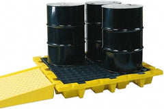 Eagle - 66 Gal Sump, 6,000 Lb Capacity, 4 Drum, Polyethylene Spill Deck or Pallet - 58-1/2" Long x 58-1/2" Wide x 13.43" High, Yellow, Liftable Fork, Drain Included, Low Profile, Vertical, 2 x 2 Drum Configuration - Exact Tool & Supply