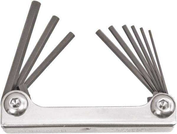 Bondhus - 9 Piece Fold-Up Ball End Hex Key Set - Hex Range 0.05 to 3/16", 4" OAL, Protanium High Torque Steel - Exact Tool & Supply