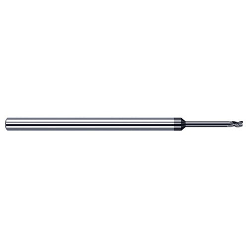 Variable Helix End Mills for Medium Alloy Steels - 0.0310″ (1/32″) Cutter Diameter × 0.0470″ (3/64″) Length of Cut × 0.3120″ (5/16″) Reach Carbide Square End Mill for Medium Alloy Steels, 3 Flutes, AlTiN Coated - Exact Tool & Supply