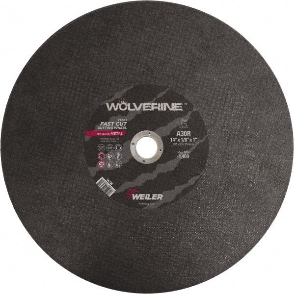 Weiler - 14" 30 Grit Aluminum Oxide Cutoff Wheel - 1/8" Thick, 1" Arbor, 4,400 Max RPM, Use with Chop Saws - Exact Tool & Supply