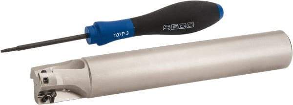 Seco - 1" Cut Diam, 0.354" Max Depth of Cut, 1" Shank Diam, 6.693" OAL, Indexable Square Shoulder End Mill - XO.X 10T3.. Inserts, Cylindrical Shank, 90° Lead Angle, Through Coolant, Series Turbo 10 - Exact Tool & Supply