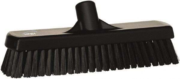 Vikan - 1.7" Bristle Length, Polyester Scrub Brush - 11-1/4" Long x 3" Wide Head, 12" OAL, European Threaded Handle, Black, Polypropylene Block - Exact Tool & Supply