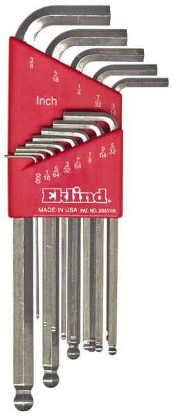 Eklind - 13 Piece L-Key Ball End Hex Key Set - Hex Range 0.05 to 3/8", Alloy Steel - Exact Tool & Supply