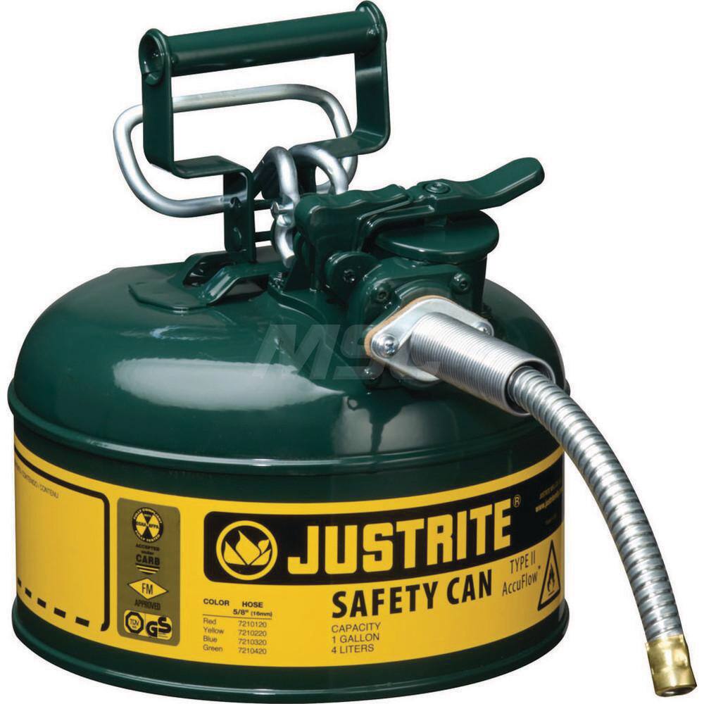 Justrite - Safety Dispensing Cans; Capacity: 1 Gal. ; Material: Steel ; Color: Green ; Height (Decimal Inch): 10.500000 ; Diameter/Length (mm): 9.50 ; Approval Listing/Regulations: FM Approved; UL; ULC; TUV - Exact Tool & Supply