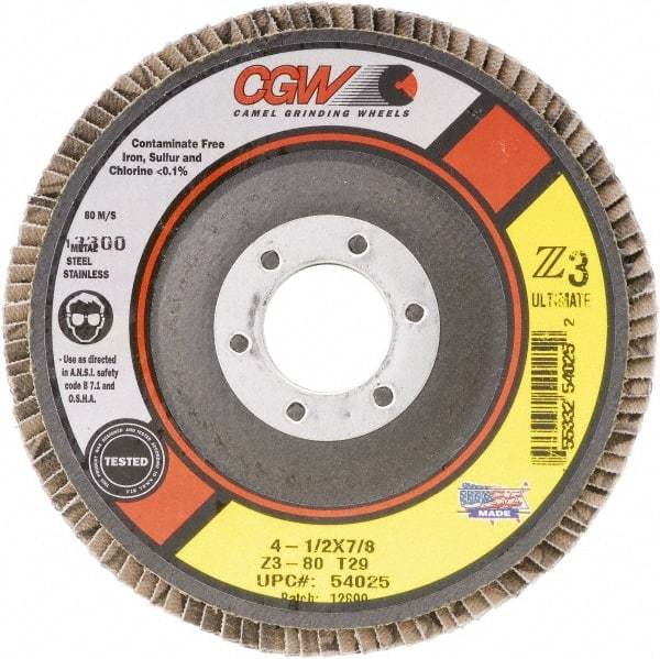 Camel Grinding Wheels - 60 Grit, 4-1/2" Disc Diam, 7/8" Center Hole, Type 27 Zirconia Alumina Flap Disc - 13,300 Max RPM, Poly Cotton Backing, Arbor Attaching System, Coated - Exact Tool & Supply