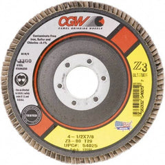 Camel Grinding Wheels - 60 Grit, 4-1/2" Disc Diam, 7/8" Center Hole, Type 27 Zirconia Alumina Flap Disc - 13,300 Max RPM, Poly Cotton Backing, Arbor Attaching System, Coated - Exact Tool & Supply
