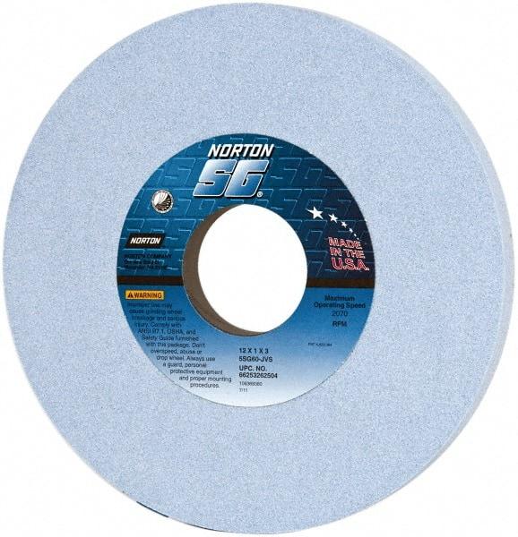 Norton - 12" Diam x 3" Hole x 1" Thick, J Hardness, 60 Grit Surface Grinding Wheel - Ceramic, Type 1, Medium Grade, 2,070 Max RPM, Vitrified Bond, No Recess - Exact Tool & Supply