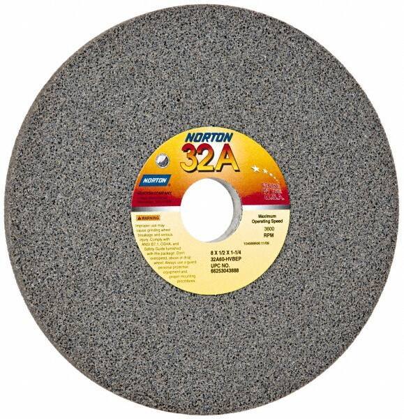 Norton - 8" Diam x 1-1/4" Hole x 1/2" Thick, H Hardness, 60 Grit Surface Grinding Wheel - Aluminum Oxide, Type 1, Medium Grade, 3,600 Max RPM, Vitrified Bond, No Recess - Exact Tool & Supply