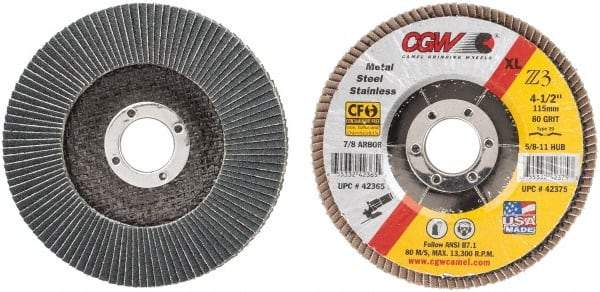 Camel Grinding Wheels - 80 Grit, 4-1/2" Disc Diam, 7/8" Center Hole, Type 29 Zirconia Alumina Flap Disc - 13,300 Max RPM, Poly Cotton Backing, Arbor Attaching System, Coated - Exact Tool & Supply