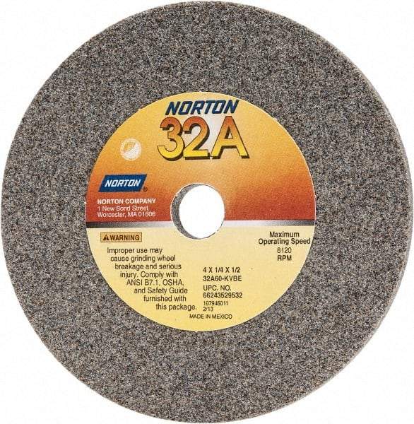 Norton - 60 Grit Aluminum Oxide Type 1 Internal Grinding Wheel - 4" Diam x 1/2" Hole x 1/4" Thick, 8,120 Max RPM, Type 1 Medium Grade, K Hardness, Vitrified Bond - Exact Tool & Supply