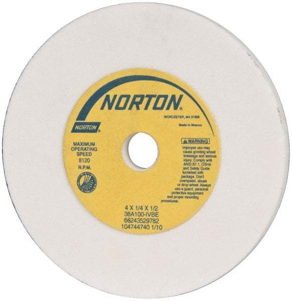 Norton - 100 Grit Aluminum Oxide Type 1 Internal Grinding Wheel - 4" Diam x 1/2" Hole x 1/4" Thick, 8,120 Max RPM, Type 1 Fine Grade, I Hardness, Vitrified Bond, No Recess - Exact Tool & Supply