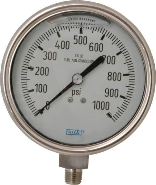 Wika - 4" Dial, 1/4 Thread, 0-1,000 Scale Range, Pressure Gauge - Lower Connection Mount, Accurate to 1% of Scale - Exact Tool & Supply