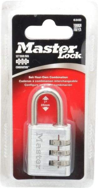 Master Lock - 1-3/16" Body Width, 1" Shackle Clearance, Die Cast Zinc Silver Coating Combination Lock - 3/16" Shackle Diam, 9/16" Shackle Width - Exact Tool & Supply