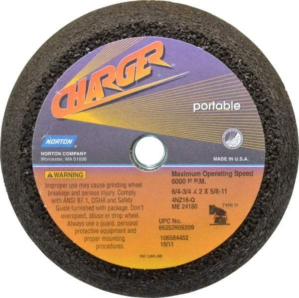 Norton - 6" Diam, 2" Overall Thickness, 16 Grit, Type 11 Tool & Cutter Grinding Wheel - Very Coarse Grade, Zirconia Alumina, Q Hardness, 6,000 RPM - Exact Tool & Supply