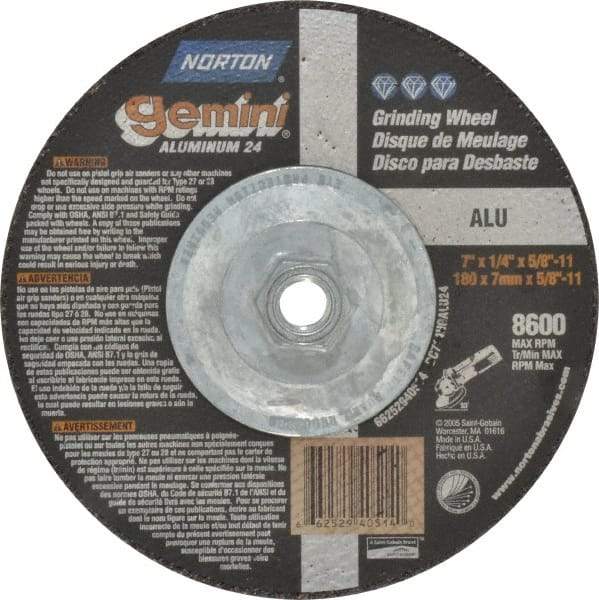 Norton - 24 Grit, 7" Wheel Diam, 1/4" Wheel Thickness, Type 27 Depressed Center Wheel - Aluminum Oxide, 8,600 Max RPM, Compatible with Angle Grinder - Exact Tool & Supply