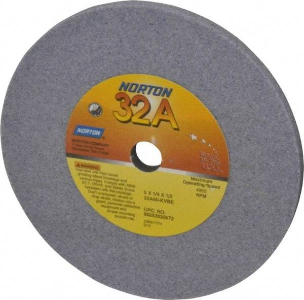 Norton - 60 Grit Aluminum Oxide Type 1 Internal Grinding Wheel - 5" Diam x 1/2" Hole x 1/4" Thick, 4965 Max RPM, Type 1 Medium Grade, K Hardness, Vitrified Bond, No Recess - Exact Tool & Supply