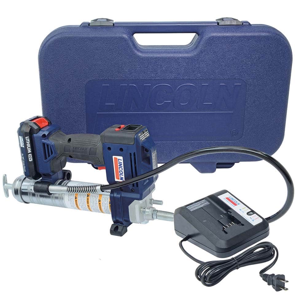 Lincoln - Grease Guns; Type: Battery-Operated Grease Gun ; Capacity (oz.): 14.50 ; Hose Length (Inch): 36 ; Rigid or Flexible Hose: Flexible ; Fill Type: Cartridge ; Continuous Flow Rate (oz./min): 3.50 - Exact Tool & Supply