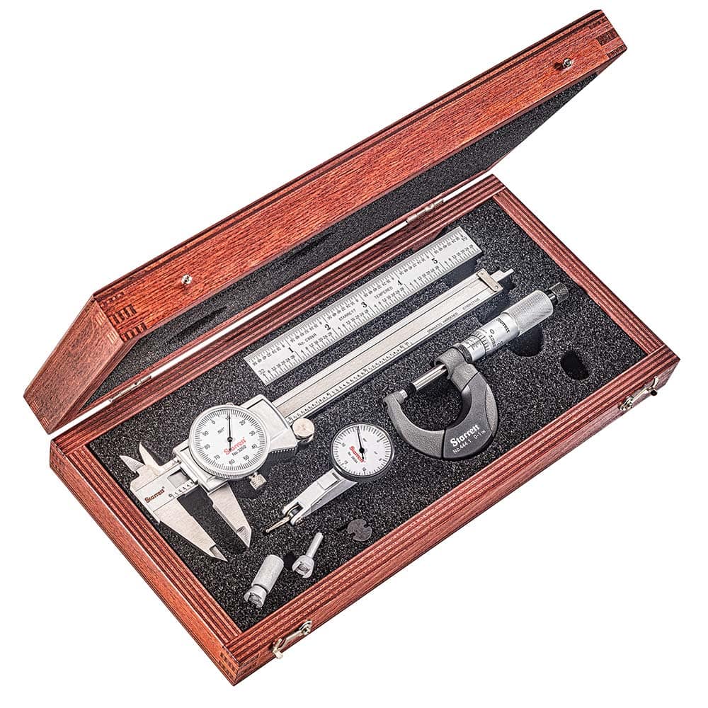 Starrett - Machinist Caliper & Micrometer Tool Kits; Tool Type Included: Caliper, Micrometer & Ruler; Test Indicator ; Minimum Caliper Measurement (Inch): 0 ; Maximum Caliper Measurement (Inch): 6 ; Minimum Micrometer Measurement (Inch): 0 ; Maximum Micr - Exact Tool & Supply