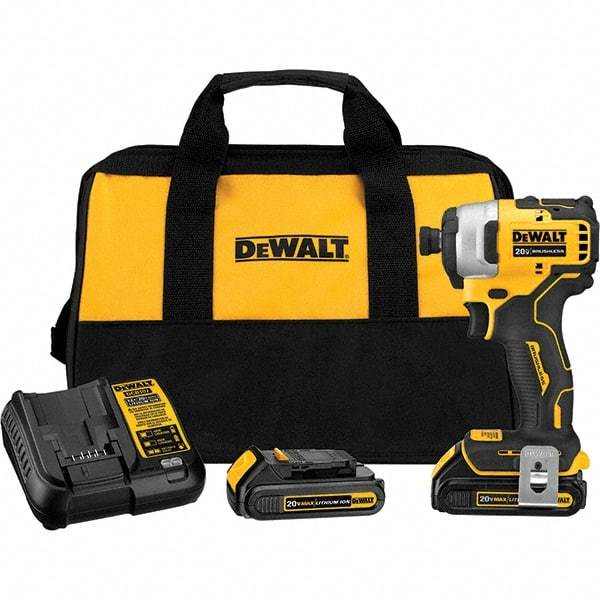 DeWALT - 20 Volt, 1/4" Drive, 116 Ft/Lb Torque, Cordless Impact Driver - Mid-Handle, 3000 RPM, 2 Lithium-Ion Batteries Included - Exact Tool & Supply