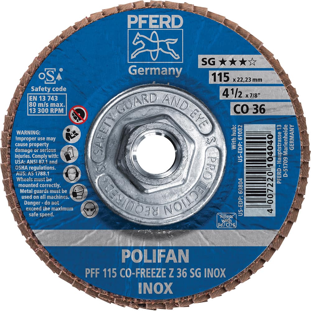 PFERD - Flap Discs; Abrasive Type: Coated ; Flap Disc Type: Type 27 ; Disc Diameter (Inch): 4-1/2 ; Abrasive Material: Ceramic Oxide ; Grit: 36 ; Attaching System: Threaded Hole - Exact Tool & Supply
