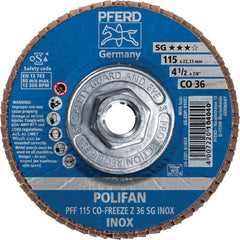 PFERD - Flap Discs; Abrasive Type: Coated ; Flap Disc Type: Type 27 ; Disc Diameter (Inch): 4-1/2 ; Abrasive Material: Ceramic Oxide ; Grit: 36 ; Attaching System: Threaded Hole - Exact Tool & Supply
