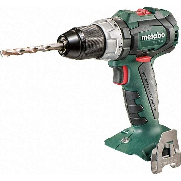 Metabo - 18 Volt 1/16 to 1/2" Keyless Chuck Cordless Hammer Drill - 31950 BPM, 600 to 2,100 RPM, Reversible, Pistol Grip Handle - Exact Tool & Supply