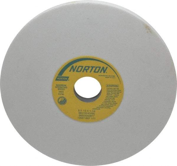 Norton - 8" Diam x 1-1/4" Hole x 1/2" Thick, K Hardness, 100 Grit Surface Grinding Wheel - Aluminum Oxide, Type 1, Fine Grade, 3,600 Max RPM, Vitrified Bond, No Recess - Exact Tool & Supply