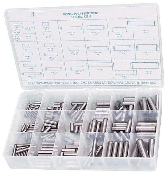 Precision Brand - 176 Piece, 1/16 to 1/2" Pin Diam, Dowel Pin Assortment - 1/2 to 2" Long, Steel, Uncoated - Exact Tool & Supply