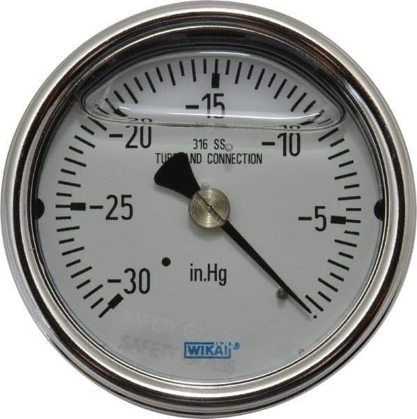 Wika - 2-1/2" Dial, 1/4 Thread, 30-0 Scale Range, Pressure Gauge - Center Back Connection Mount, Accurate to 2-1-2% of Scale - Exact Tool & Supply