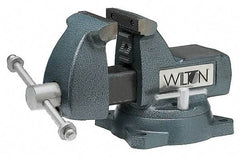 Wilton - 8" Jaw Width x 8-1/4" Jaw Opening Capacity, 4-3/4" Throat Depth, Bench & Pipe Combination Vise - 1/4 to 3-1/2" Pipe Capacity, Swivel Base, Bolt Down Attachment, Ductile Iron - Exact Tool & Supply