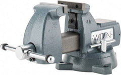 Wilton - 4" Jaw Width x 4-1/2" Jaw Opening Capacity, 3-7/16" Throat Depth, Bench & Pipe Combination Vise - 1/4 to 2" Pipe Capacity, Swivel Base, Bolt Down Attachment, Ductile Iron - Exact Tool & Supply