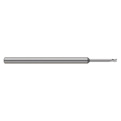 Variable Helix End Mills for Aluminum Alloys - 0.0150″ (1/64″) Cutter Diameter × 0.0020″ Radius × 0.0230″ Length of Cut × 0.0780″ (5/64″) Reach Carbide Corner Radius End Mill for Aluminum Alloys, 3 Flutes - Exact Tool & Supply