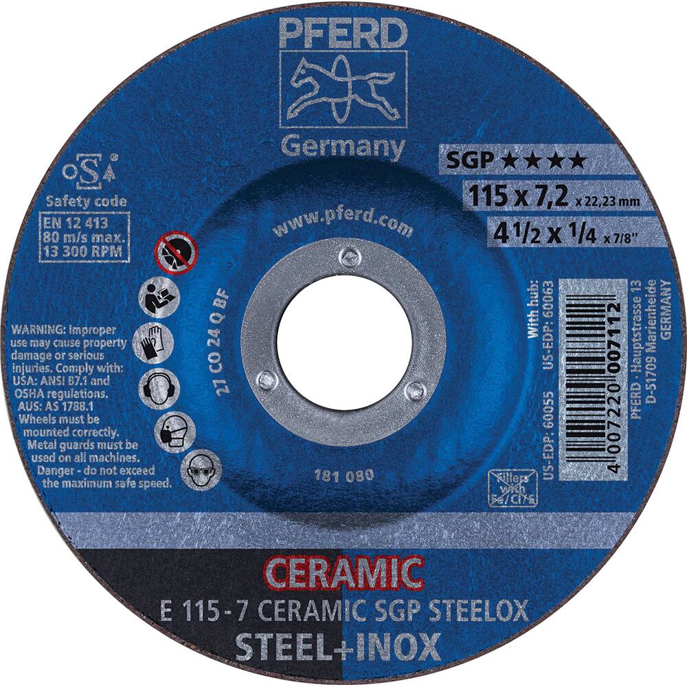 PFERD - Depressed-Center Wheels; Hole Size (Inch): 7/8 ; Connector Type: Arbor ; Wheel Type Number: Type 27 ; Abrasive Material: Ceramic Oxide ; Maximum RPM: 13300.000 ; Grit: 24 - Exact Tool & Supply