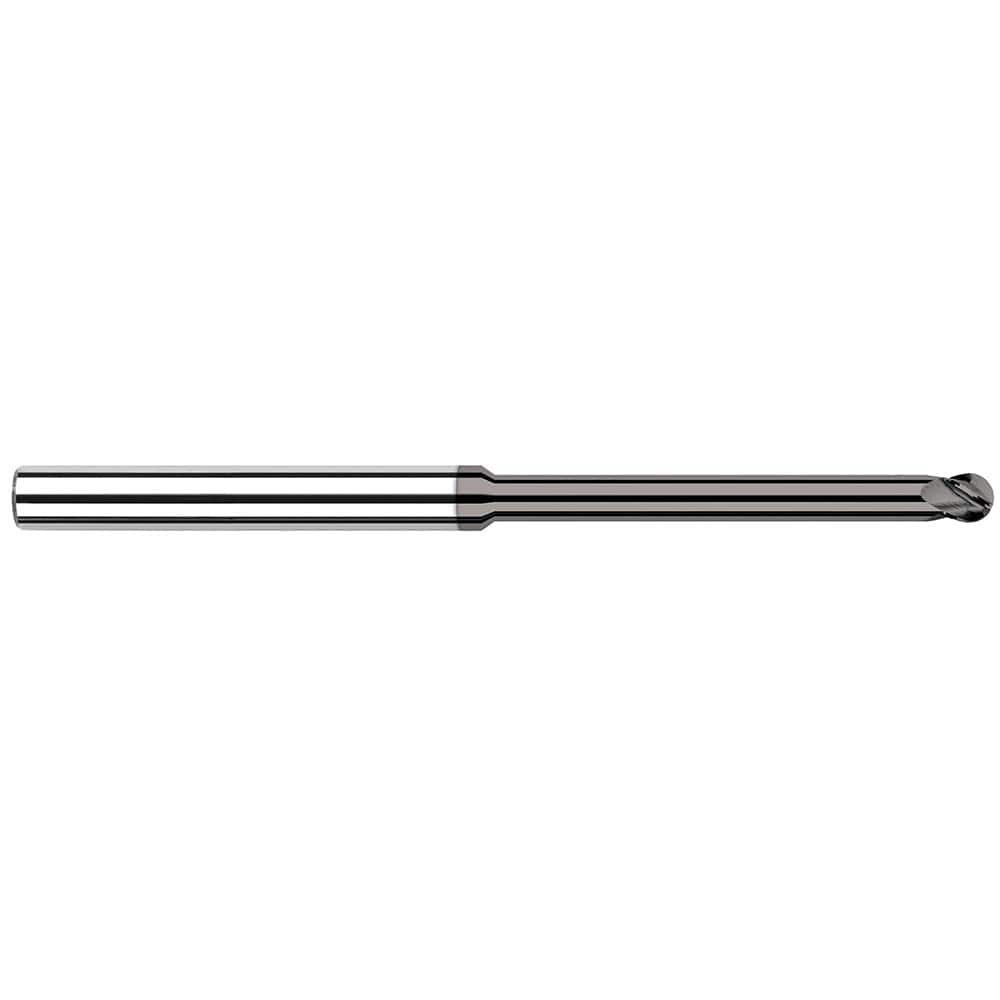 Ball End Mill: 0.031″ Dia, 0.047″ LOC, 4 Flute, Solid Carbide 2-1/2″ OAL, 1/8″ Shank Dia, 30 ° Helix, CVD Coated, Single End
