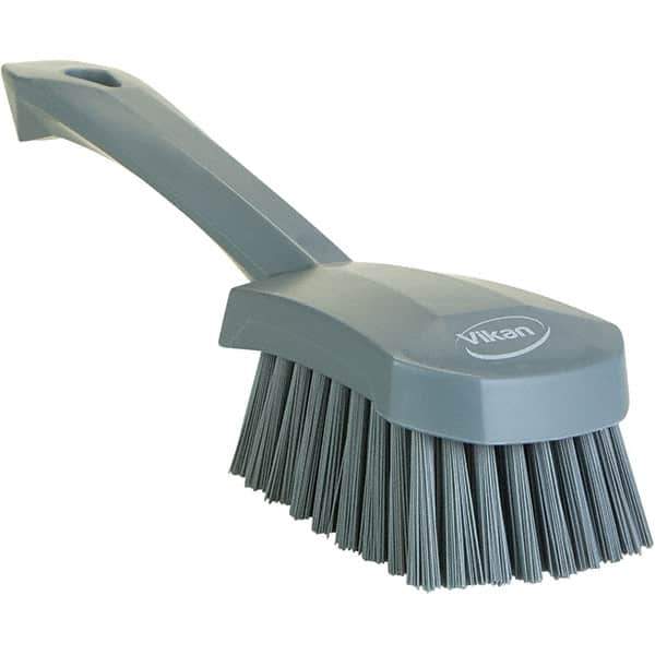 Vikan - 1.3" Bristle Length, Polyester Scrub Brush - 4-1/4" Long x 2-3/4" Wide Head, 10" OAL, Ergonomic Handle, Gray, Polypropylene Block - Exact Tool & Supply
