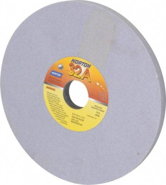 Norton - 8" Diam x 1-1/4" Hole x 1/2" Thick, K Hardness, 100 Grit Surface Grinding Wheel - Aluminum Oxide, Type 1, Fine Grade, 3,600 Max RPM, Vitrified Bond, No Recess - Exact Tool & Supply