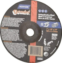 Norton - 7" Wheel Diam, 1/8" Wheel Thickness, 7/8" Arbor Hole, Type 27 Depressed Center Wheel - Aluminum Oxide, 8,600 Max RPM, Compatible with Angle Grinder - Exact Tool & Supply