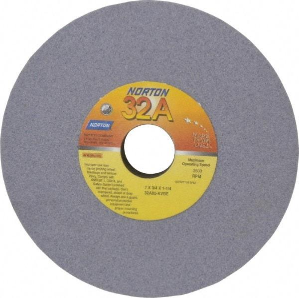 Norton - 7" Diam x 1-1/4" Hole x 3/4" Thick, K Hardness, 80 Grit Surface Grinding Wheel - Aluminum Oxide, Medium Grade, 3,600 Max RPM, Vitrified Bond - Exact Tool & Supply