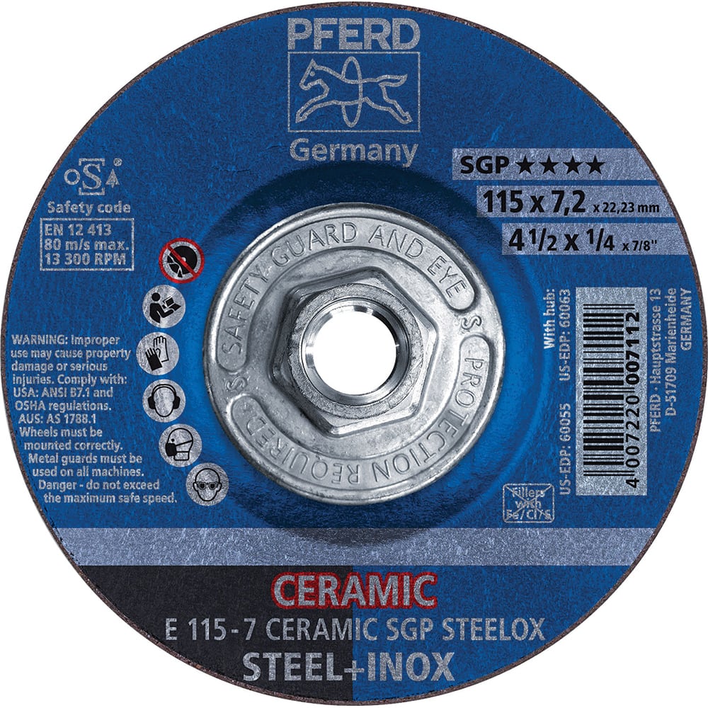 PFERD - Depressed-Center Wheels; Hole Thread Size: 5/8-11 ; Connector Type: Arbor ; Wheel Type Number: Type 27 ; Abrasive Material: Ceramic Oxide ; Maximum RPM: 13300.000 ; Grit: 24 - Exact Tool & Supply