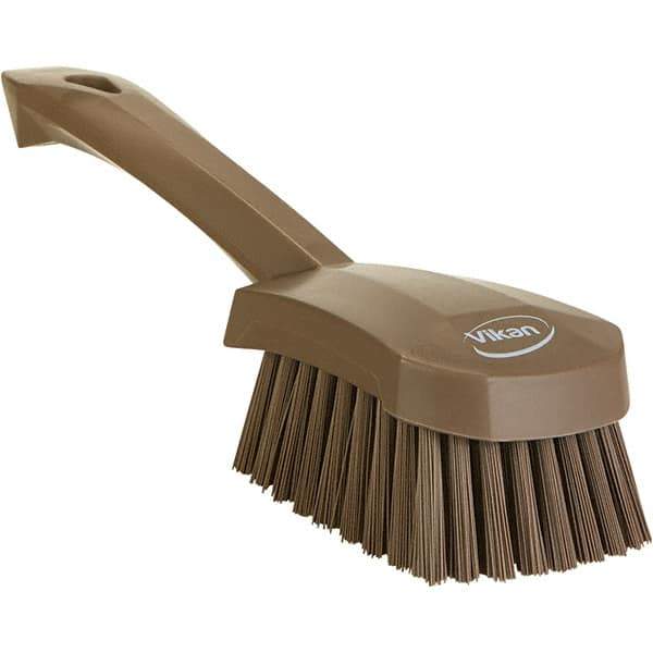 Vikan - 1.3" Bristle Length, Polyester Scrub Brush - 4-1/4" Long x 2-3/4" Wide Head, 10" OAL, Ergonomic Handle, Brown, Polypropylene Block - Exact Tool & Supply