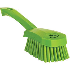 Vikan - 1.3" Bristle Length, Polyester Scrub Brush - 4-1/4" Long x 2-3/4" Wide Head, 10" OAL, Ergonomic Handle, Green, Polypropylene Block - Exact Tool & Supply