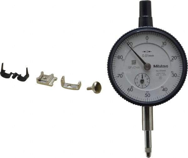 Mitutoyo - 10mm Range, 0-100 Dial Reading, 0.01mm Graduation Dial Drop Indicator - 2-3/16" Dial, 1mm Range per Revolution, 0.013mm Accuracy, Revolution Counter - Exact Tool & Supply