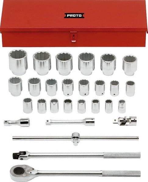 Proto - 28 Piece 3/4" Drive Chrome Finish Socket Set - 12 Points, 21mm to 60mm Range, Metric Measurement Standard - Exact Tool & Supply