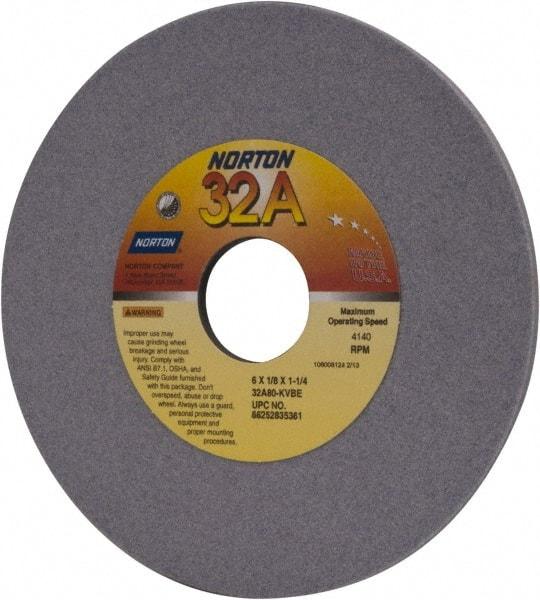 Norton - 6" Diam x 1-1/4" Hole x 1/8" Thick, K Hardness, 80 Grit Surface Grinding Wheel - Aluminum Oxide, Type 1, Medium Grade, 4,140 Max RPM, Vitrified Bond, No Recess - Exact Tool & Supply