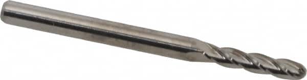 Ball End Mill: 0.0984″ Dia, 0.4724″ LOC, 4 Flute, Solid Carbide 38 mm OAL, 3 mm Shank Dia, 30 ° Helix, Uncoated, Single End, Series 140