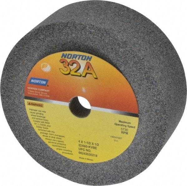 Norton - 4" Diam, 1/2" Hole Size, 1-1/2" Overall Thickness, 60 Grit, Type 6 Tool & Cutter Grinding Wheel - Medium Grade, Aluminum Oxide, K Hardness, Vitrified Bond, 5,730 RPM - Exact Tool & Supply