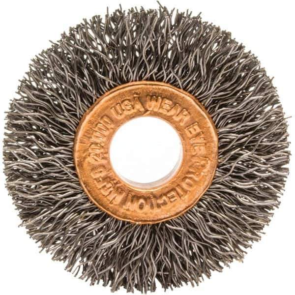 Brush Research Mfg. - 1-1/2" OD, 3/8" Arbor Hole, Crimped Carbon Wheel Brush - 1/4" Face Width, 3/8" Trim Length, 20,000 RPM - Exact Tool & Supply